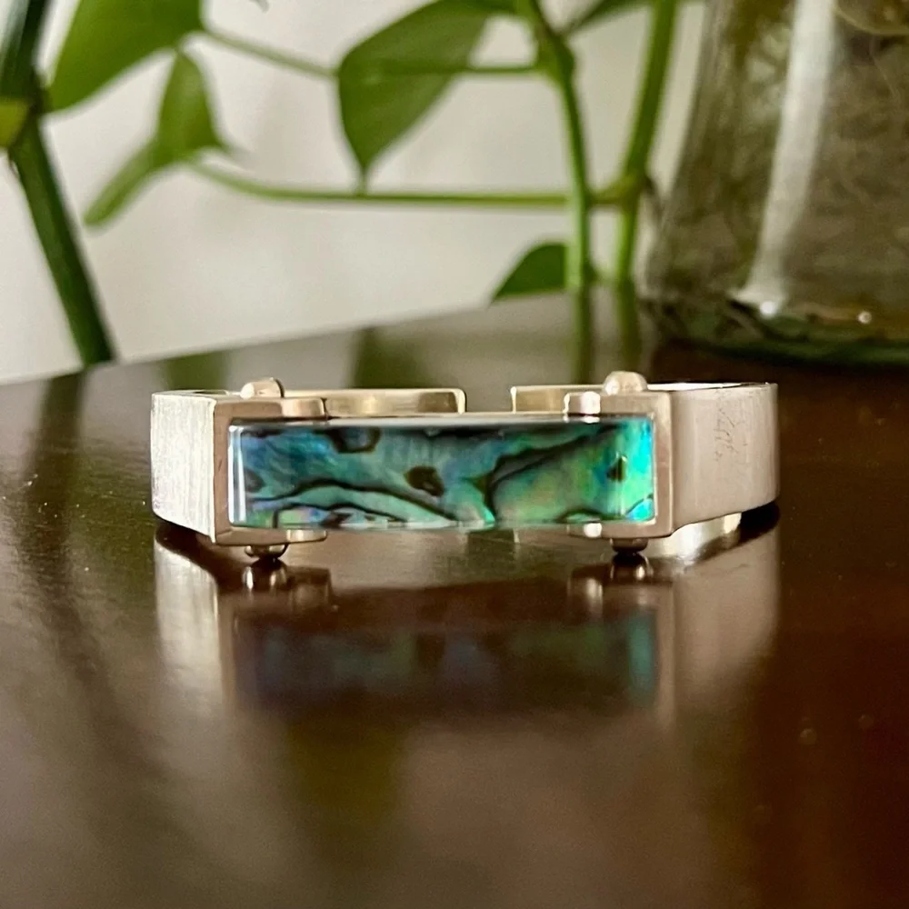 Sterling Silver Abalone Inlay Cuff Bracelet - Blue Green - Picture 1 of 7